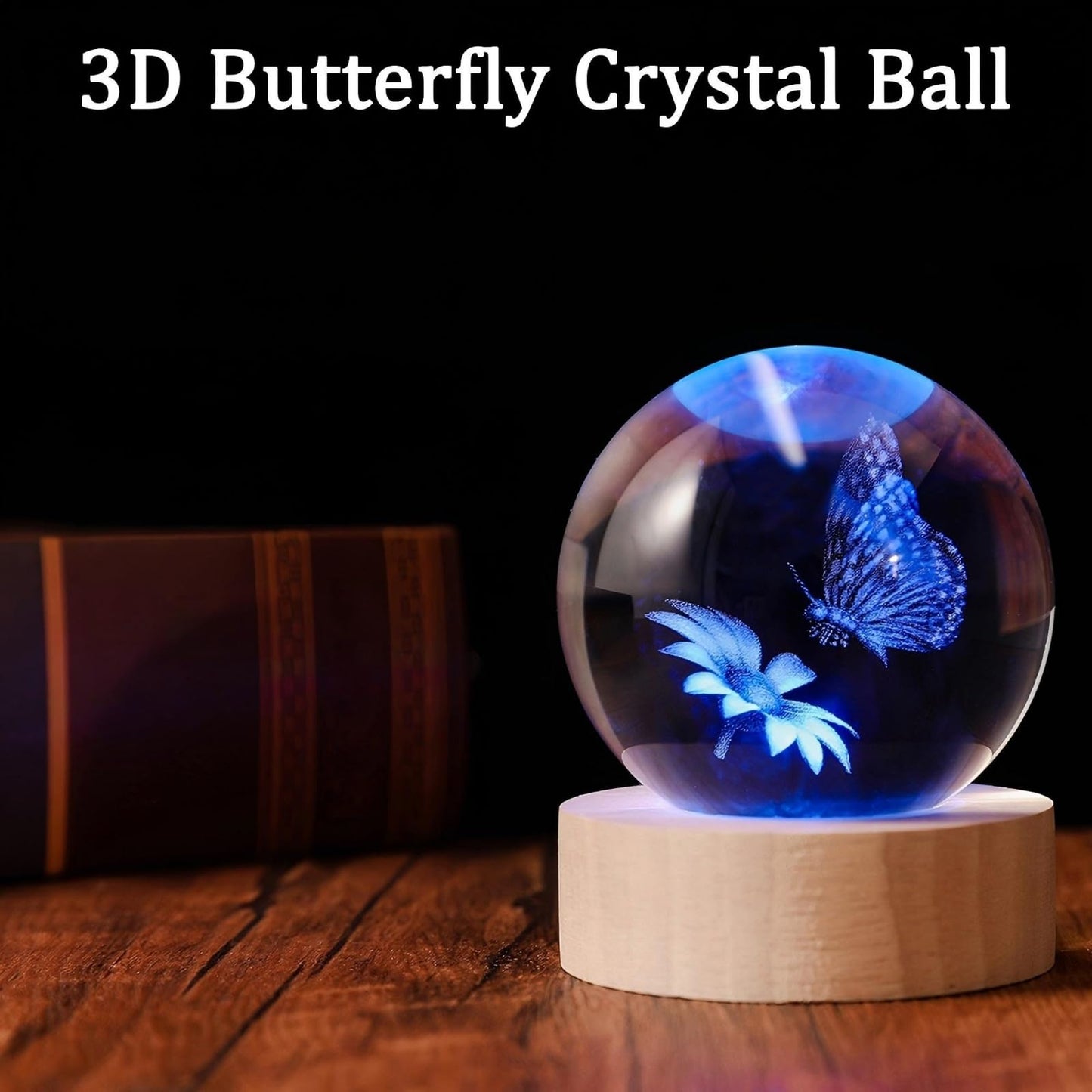 QIANRUNA 3D Butterfly 60mm Crystal Ball Butterfly Figurine Night Light Lamp Gifts for Women Wife Girlfriend Couple Her