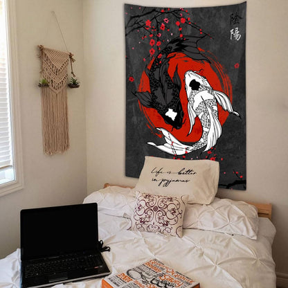 Sanzugh Japanese Yin Yang Koi Fish Tapestry, Cool Red and Black Anime Sakura Art Tapestries Vertical Wall Hanging for Men Bedroom Living Room Office Decor 40X60, Asian Cherry Blossoms Posters
