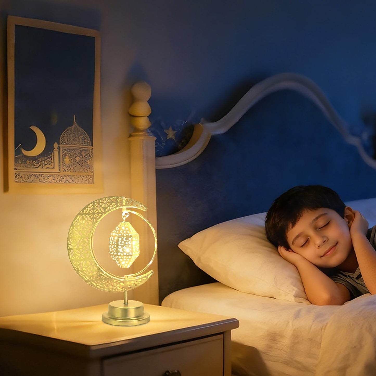 Lifnatty Ramadan Moon Lamp Decorations, Crescent Moon with Ramadan Lantern, Rotating Ramadan Table Lamp, Ramadan Decorations for Home, Eid Mubarak Decorations, Battery Operated Metal Eid Gifts