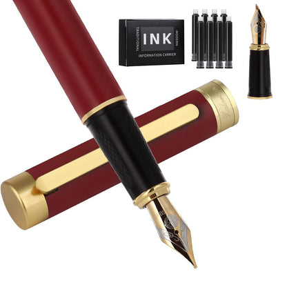 Zalantan Fountain pen, Stunning luxury pen, Nice pen gift, pure copper heavy feel Office Executive Pen Smooth Writing Pens for Men Funcy Pens with Gift Case 10 black cartridges (Red)