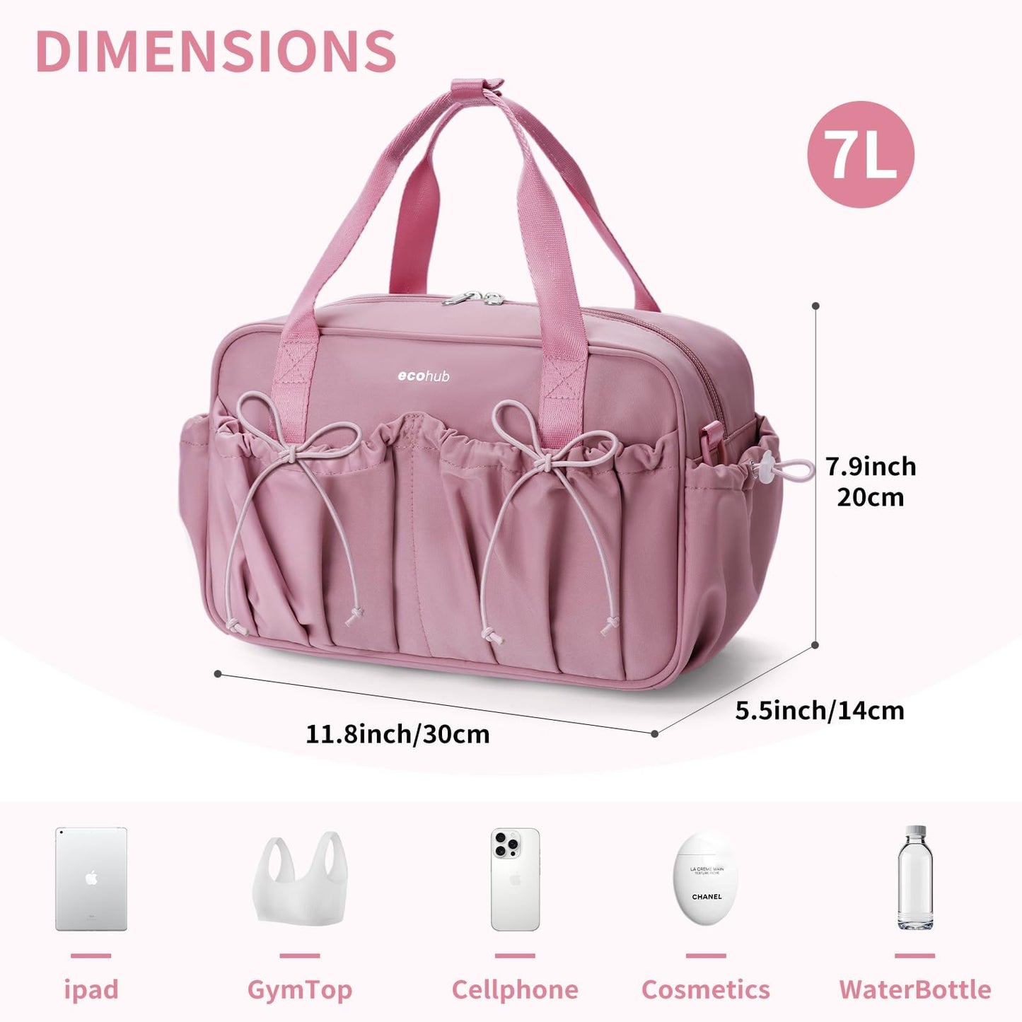 ECOHUB Small Gym Bag for Women, Mini Gym Duffle Bag with Wet Compartment, Bowknot Sports Bag, Cute Gym Tote Bag Dance Yoga Workout Travel Bags Pink