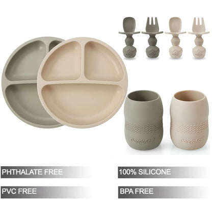 PandaEar Silicone Baby Feeding Set| 2 Pack Silicone Divided Suction Plate and 2 Pack Tiny Cup with 2 Spoons 2 Forks| Baby Led Weaning Supplies Self Feeding Eating Utensils (Light Tan/Walnut)
