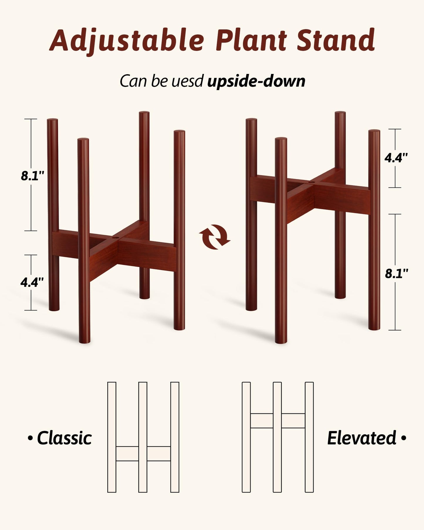 GENTINGBRO Adjustable Plant Stand Indoor, Bamboo Plant Stand Fits 8 9 10 11 12 Inches, Small Corner Planter Holder for Indoor Plants, Single Floor Plant Stands for Living Room Balcony, Reddish Brown