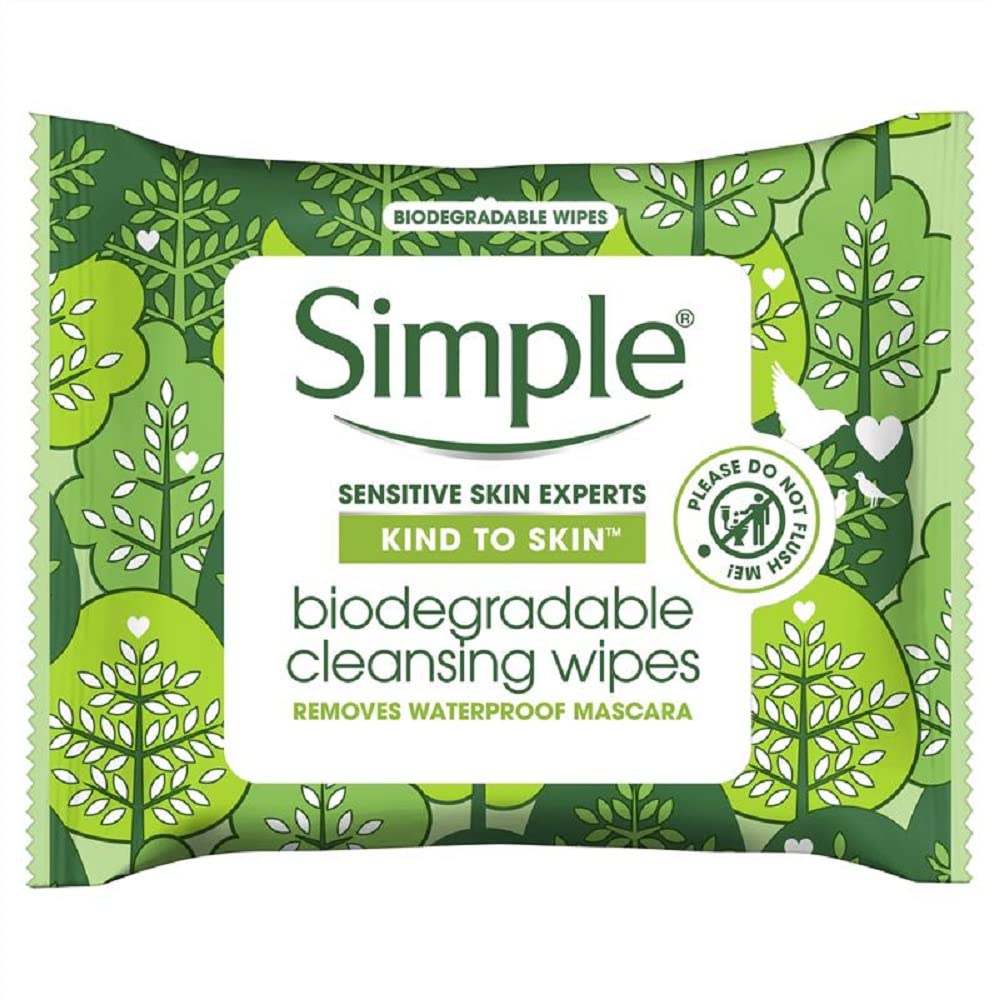 Simple, Kind to Skin, Biodegradable Cleansing Wipes with Vitamin B5, Vitamin E and Pro Amino Acids, 75 Pack
