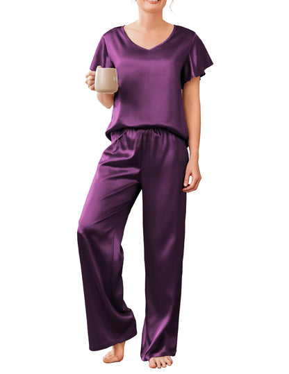 Ekouaer Women's Satin Silky Pajama Set 2 Piece Short Sleeve Shirt with Long Pants Pjs Sets Soft PJ Loungewear S-XXL