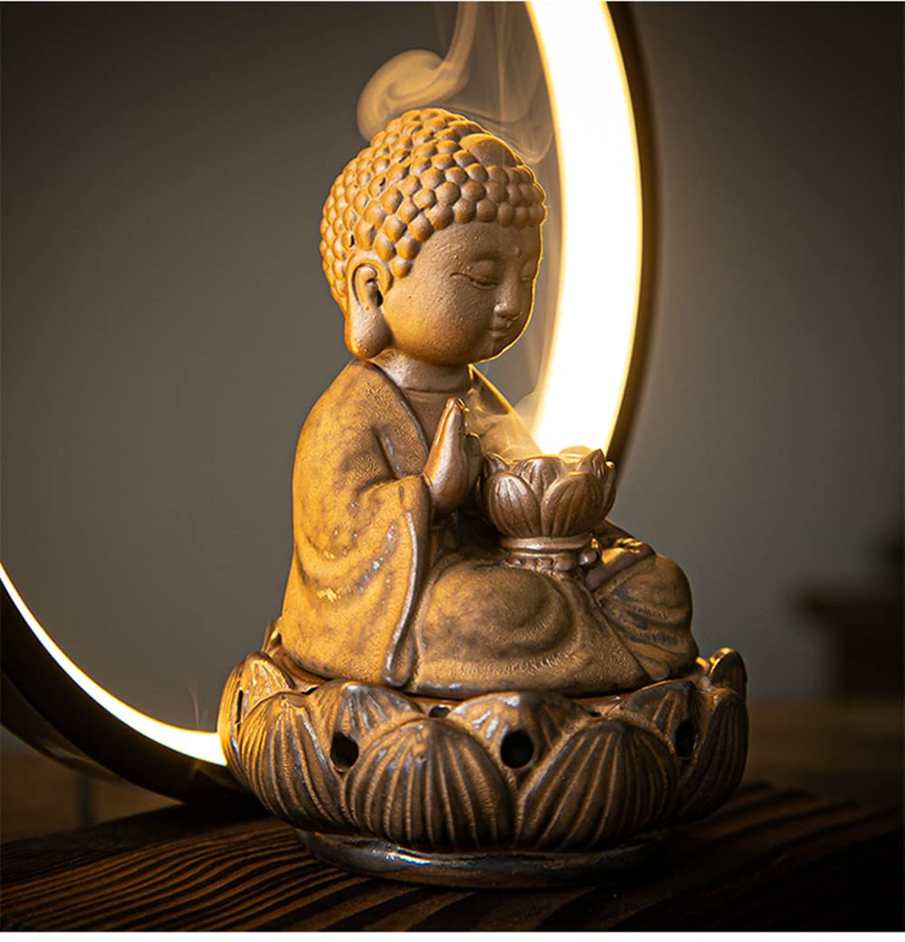 Ceramic Buddha Incense Burner Waterfall Chinese Backflow Incense Burner Holder with LED Light Incense Cones for Home Office Decor (Brown)