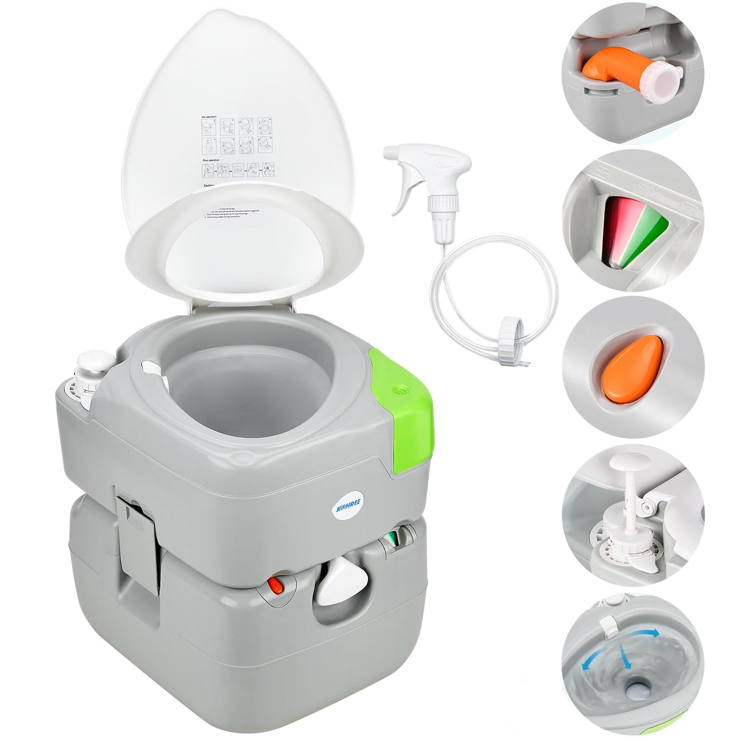 Kohree 5.8 Gal Camping Toilet: Portable Toilet for Adults with Diagonal Elongated Bowl Seat, Large Waste Tank, Leak-Proof Cassette with Level Indicator, RV Travel Porta Potty for Boat Trip Home Use