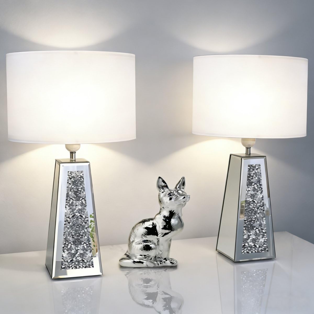 GOTHICO Silver Mirror Crushed Diamond LED Table Lamp, Four Prism Shaped Crystal Diamond Mirrored Base,White Round Linen Shade, 20.7" Height for Living Room Bedroom Office, Modern Art Decor,Set of 2