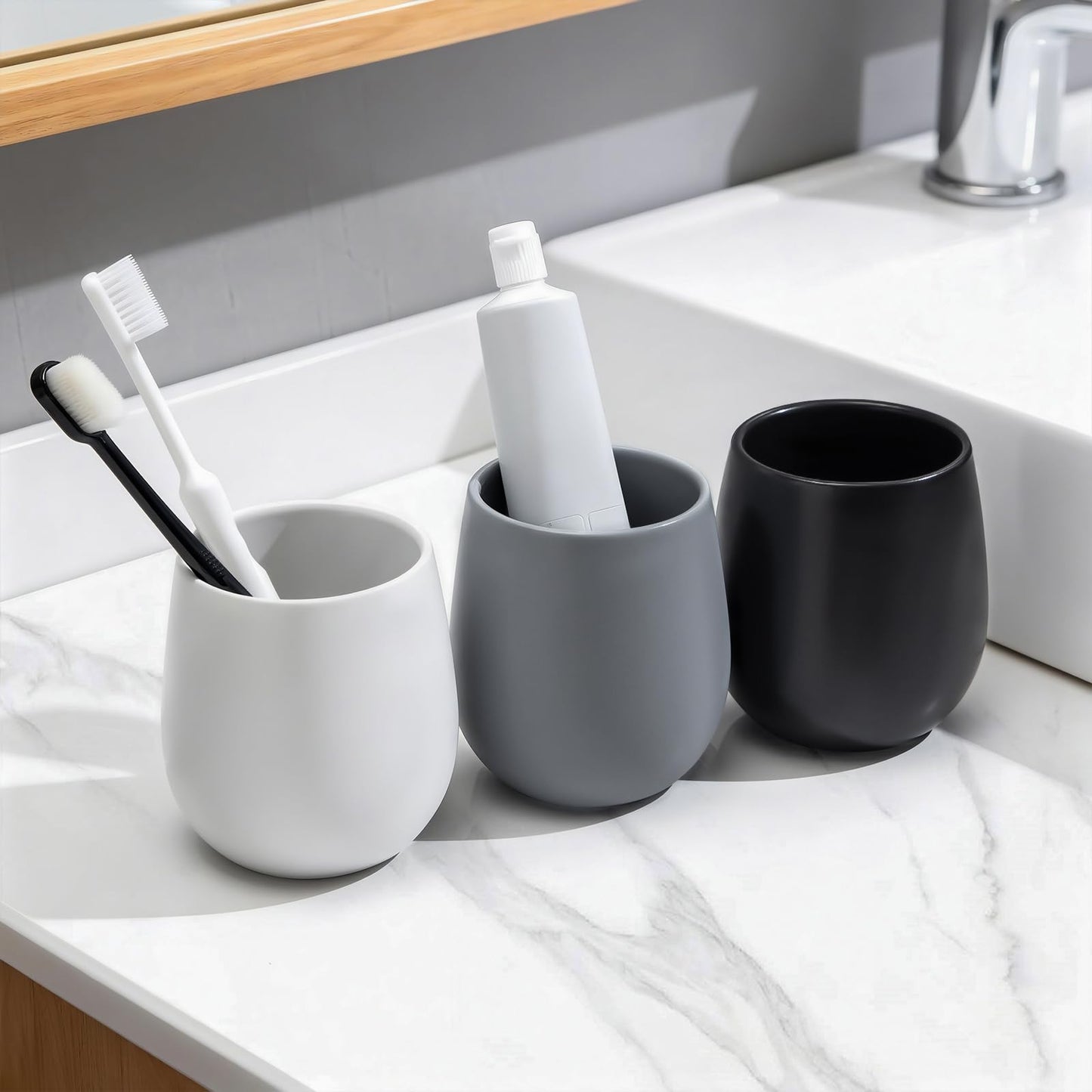 Grey Ceramic Toothbrush Holder - 11Oz Small Bathroom Tooth Brushing Holders, Reusable Mouthwash Cup, Toothpaste Holder, Makeup Brush Holder, Pen Holder for Bathroom Countertop, 1PC