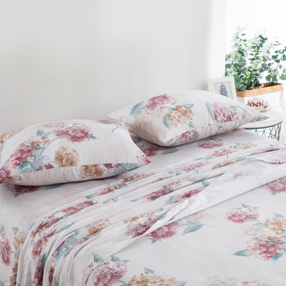 DAUAOTO Twin Size Printed Sheets Set, 100% Cotton Bedding Sets, Up to 14" Deep Mattress, Floral Pattern Bedlinen Set, Hydrangea Blush