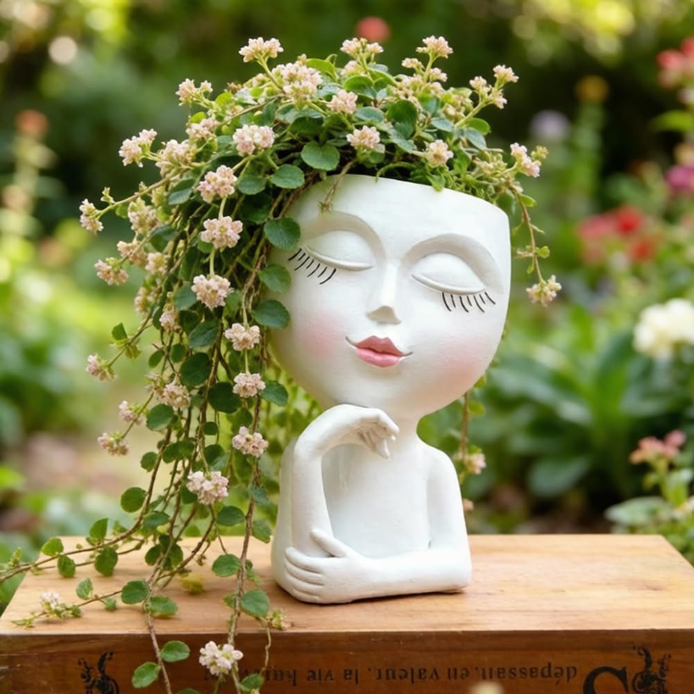 Thinking Face Planter, Funny Plant Pots, Cute Head Flower Pot with Drainage for Indoor Outdoor Succulent/Herb, Unique Minimalist White Vase, Garden Home Office Desk Shelf Art Decor, Women Gift 7"