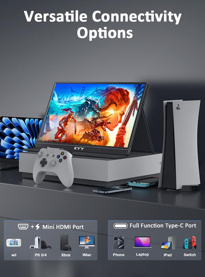 KYY Portable Monitor 15.6inch 1080P FHD USB-C, HDMI Computer Display HDR IPS Gaming Monitor w/Premium Smart Cover & Screen Protector, Speakers, for Laptop PC MAC Phone PS4 Xbox Switch