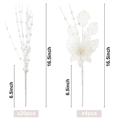 CristBest 24 Pack Christmas Tree Ornaments - Artificial Flowers Glitter Berry Stems Christmas Floral Picks Branches for Xmas Tree Decorations Vase Filler Holiday Wedding Party Home Decor (White)