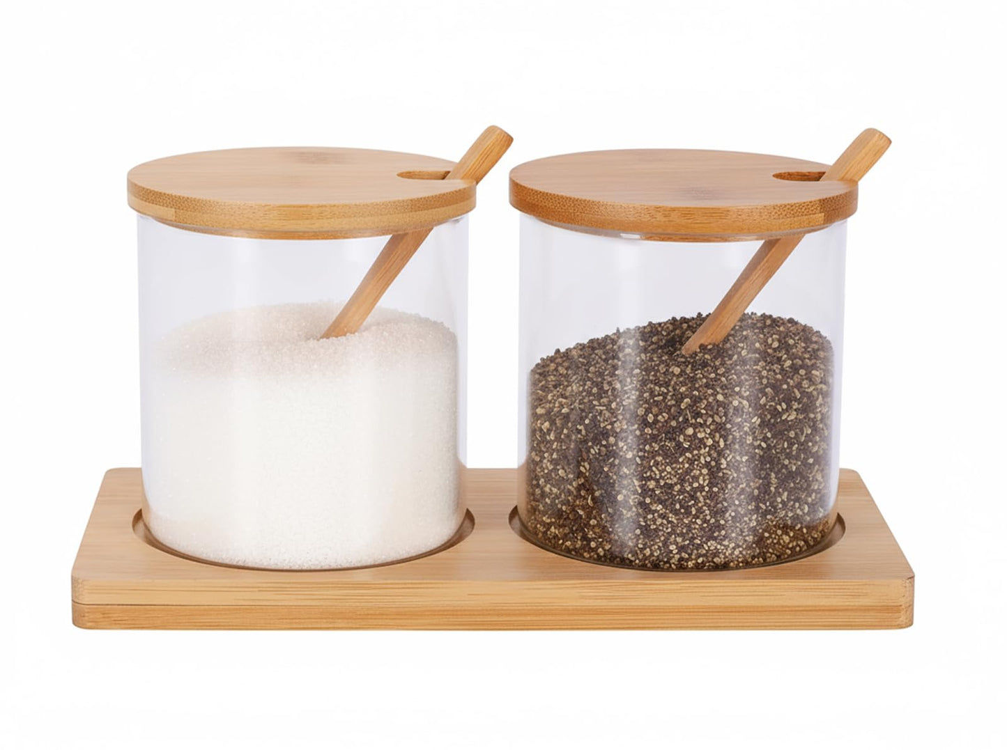 Mowhut 2 PCS Condiment Containers, Spice Rack with Bamboo Spoon Lid and Base, Sugar Bowl, Salt and Pepper Shakers Set for Salt Sugar Tea Herbal Coffee Beans, Clear