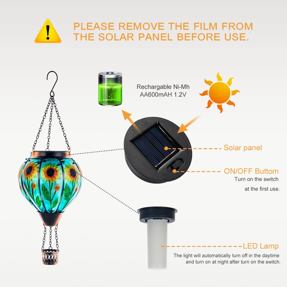 Starsoul Sunflower Hot Air Balloon Solar Lantern Glass Outdoor Hot Air Balloon Solar Flickering Flame Light Hanging Solar Lanterns Outdoor Waterproof Garden Patio Yard Party Decor