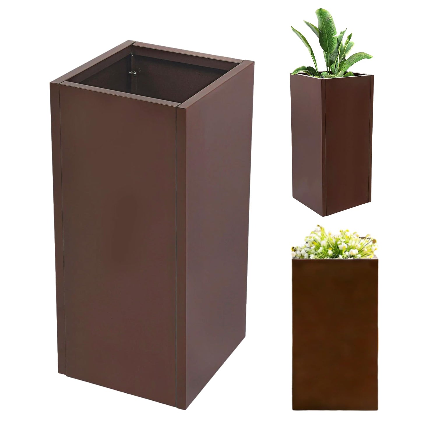 wukaeiue Galvanized Steel Planter Box 16x16x30 Inches, Brown - Modern Raised Garden Bed with Drainage Holes & Easy Assembly, Heavy Duty Metal Flower Pot for Outdoor Indoor Plants, Herbs, Flowers