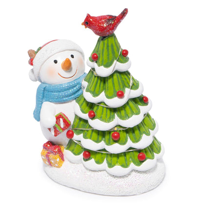 Hodao Christmas Tree Figurine Decorations — Lighted Hand-Painted Resin Snowman with Cardinal, Tabletop Decor for Family or Friends | Mantel, Shelf, Living Room Display