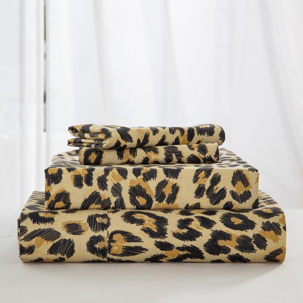 DAUAOTO King Size Printed Sheets Set, 100% Cotton Bedding Sets, Up to 14" Deep Mattress, Modern Pattern Bedlinen Set, Leopard Yellow