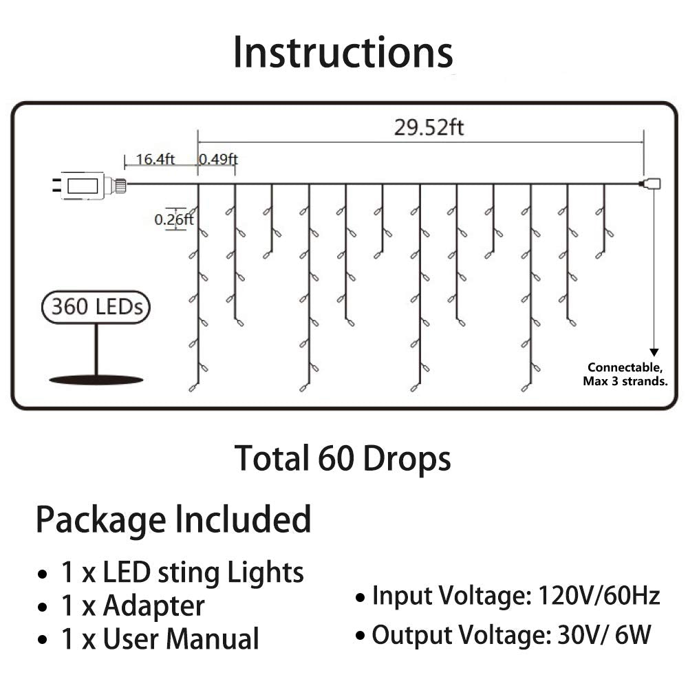 Toodour Christmas Icicle Lights Outdoor, 360 LED 29.5ft 8 Modes Fairy Icicle String Light with 60 Drops, Led Christmas Lights Twinkle for Holiday, Party, Wedding, Eaves, Xmas Decorations (White)