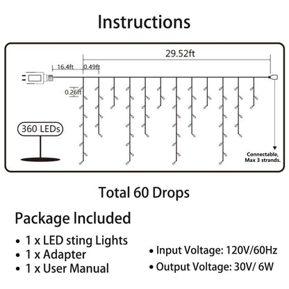 Toodour Christmas Icicle Lights Outdoor, 360 LED 29.5ft 8 Modes Fairy Icicle String Light with 60 Drops, Led Christmas Lights Twinkle for Holiday, Party, Wedding, Eaves, Xmas Decorations (White)