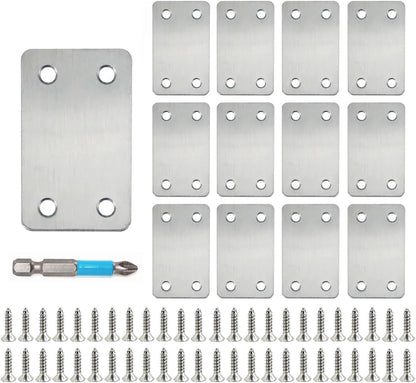 QSJ 12 Pack Flat Mending Plate, Metal Bracket, Stainless Steel Brace 2.36 x 1.49'', Fixing Joining Plate for Wood with 48PCS Screws, 1x Screwdriver., Black, QSJ-03