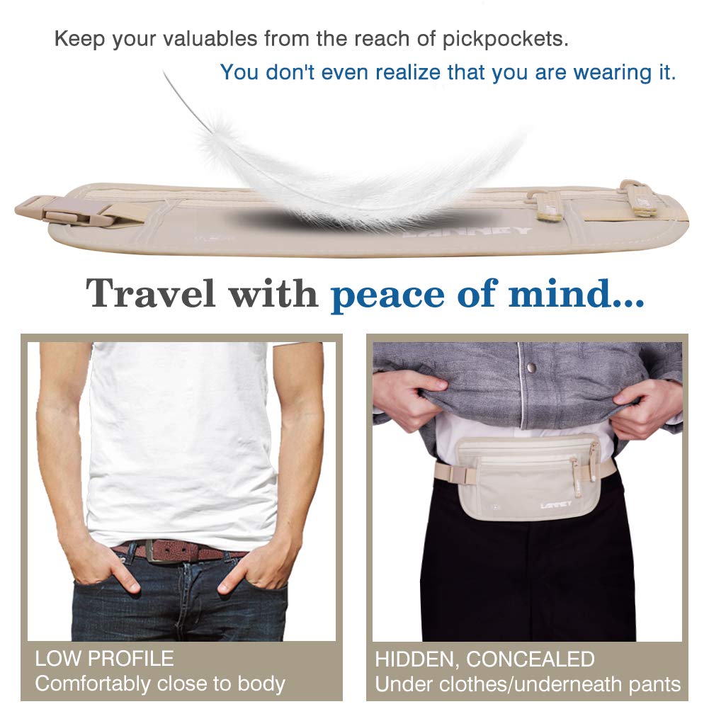 Travel Money Belt for Men Women RFID Blocking Concealed Waist Wallet Pouch Hidden Under Clothes Passport Holder Antitheft Waist Stash Bag for Travelling, Bonus 10 Credit Card Sleeves, Cream