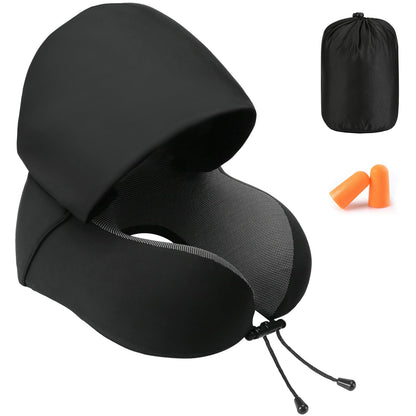 Jiancrate Travel Pillow for Neck Memory Foam, Hooded Travel Neck Pillow for Adults, Comfortable Neck Pillow for Travel with Hoodie, Flight Pillow, Airplane Pillow, Travel Cushion for Plane Car Train