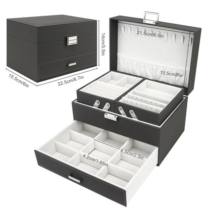 Jewellery Box Organiser, 3 Layer PU Leather Jewellery Case, Large Jewellery Organiser with Drawer, Jewellery Storage Case for Necklaces Earrings Bracelets and Rings, Grey