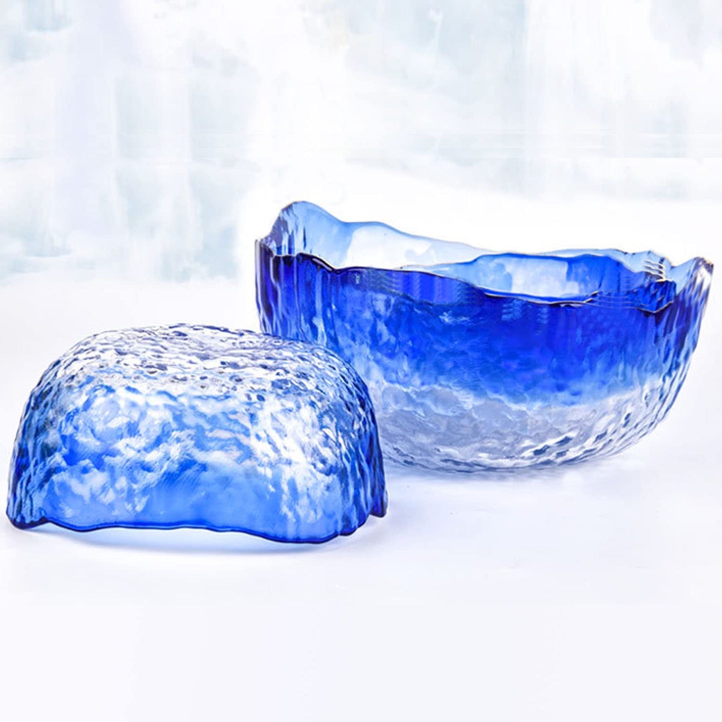 Halyuhn 8 Inch Blue Clear Glass Salad Bowl, 50 OZ Irregular Mixing Bowl with 3 Inch Wall, Decorative Hammered Round Serving Bowl with Wavy Edge for Fruit, Candy Dish, Dining Party, L