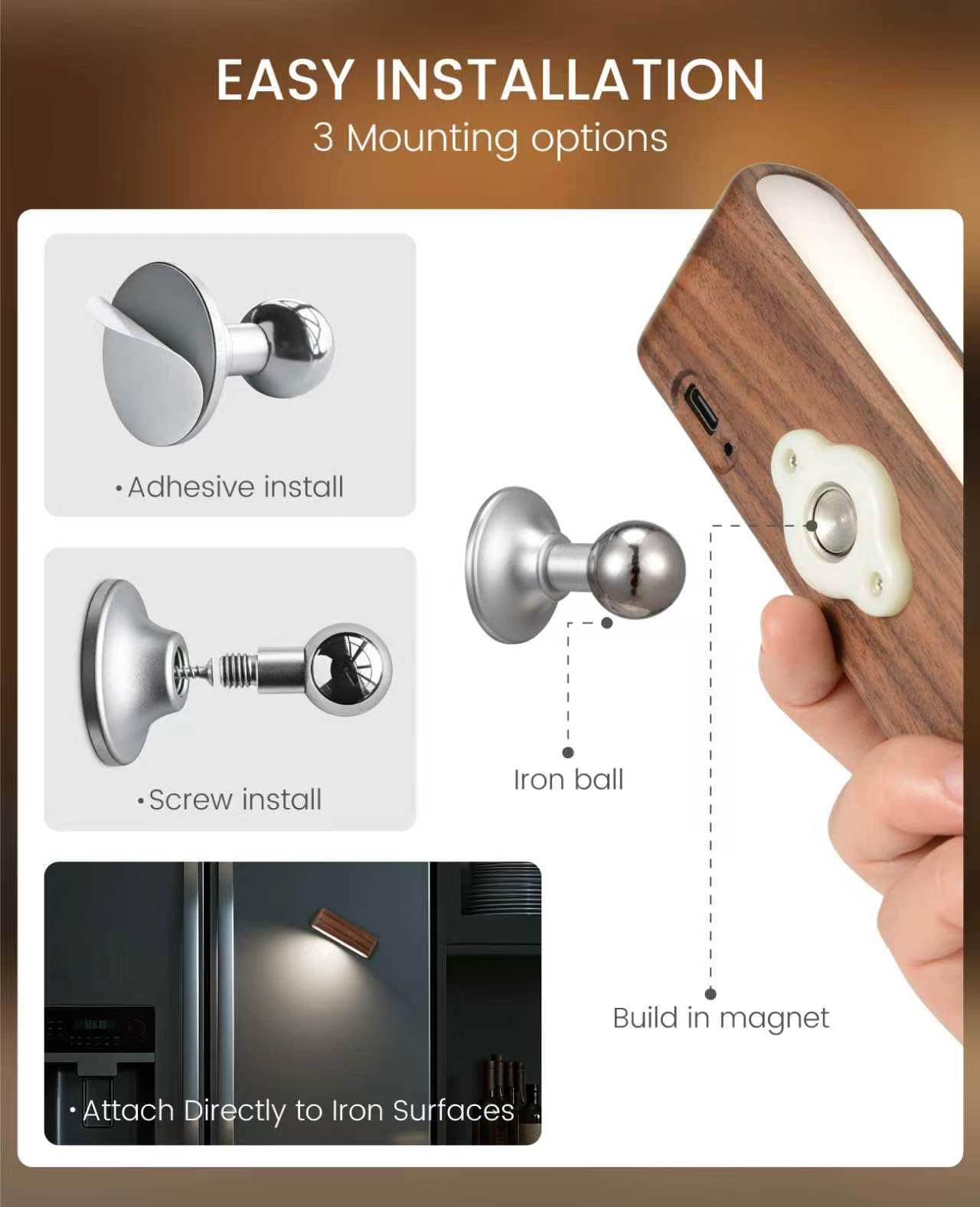 Wood LED Wall Sconce Magnetic 360°Rotate Mounted Mini Lamp Brightness Adjustable Nightlights Rechargeable Battery Powered Reading Light for Bedside Hallway Living Room Black Walnut Set of 2