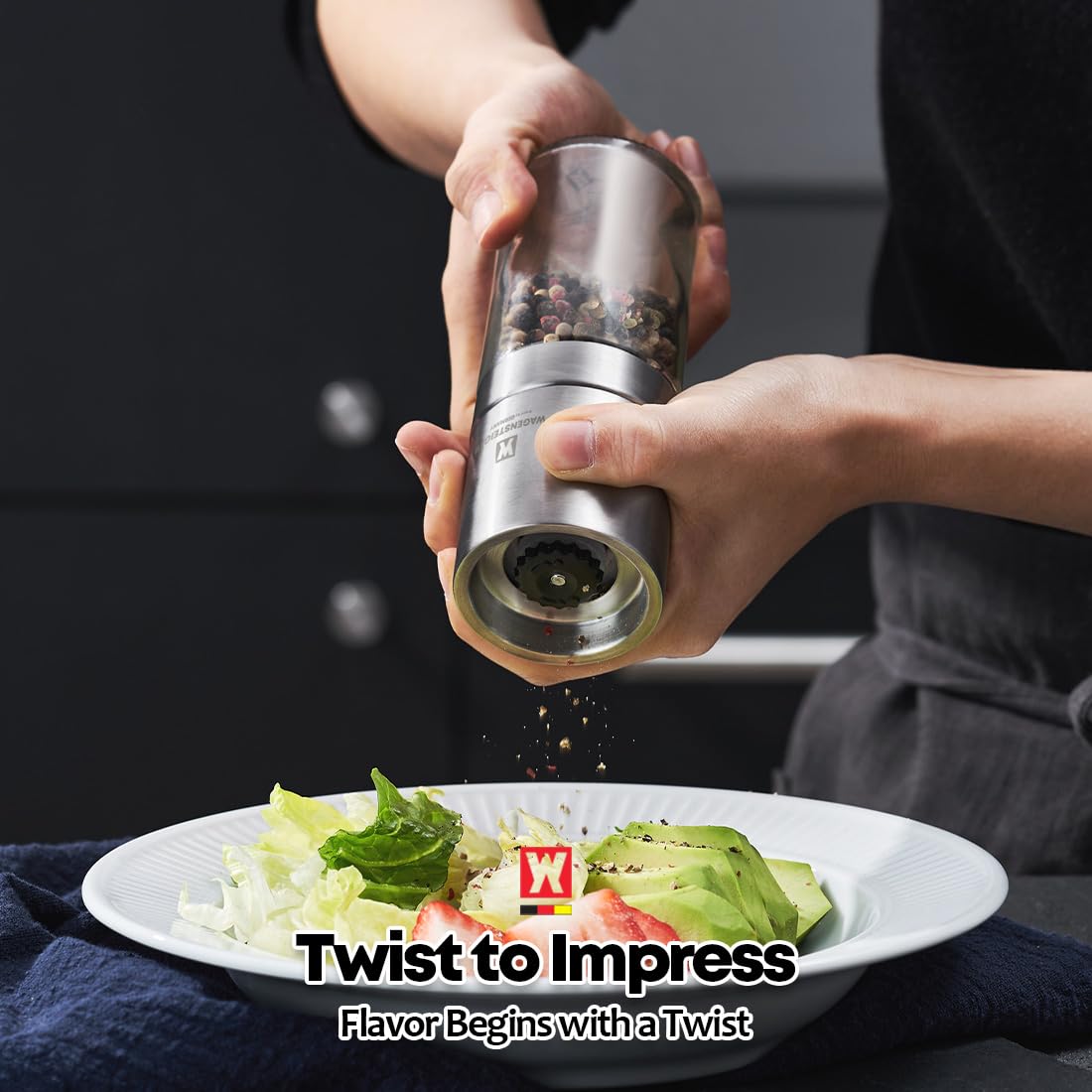 WAGENSTEIGER Manual Pepper Grinder 140mm Adjustable Ceramic Grinder, Stainless Steel & Glass Salt Pepper Mill, Refillable Spice Grinder