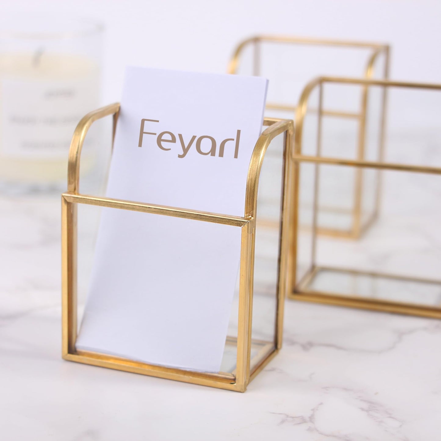 Feyarl Gold Glass Business Card Holder Vertical Clear Business Card Display Stand Organizer for Office Desk Reception Counter Salon Appointment Gift Cards
