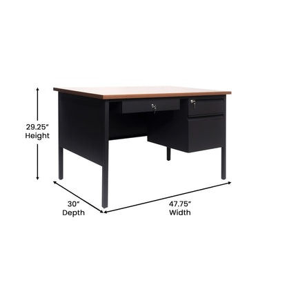 Flash Furniture Cambridge Right Side Single Pedestal Desk with 3 Locking Drawers, Commercial Grade Teacher's or Office Desk, 30x48, Metal Frame, Walnut/Black