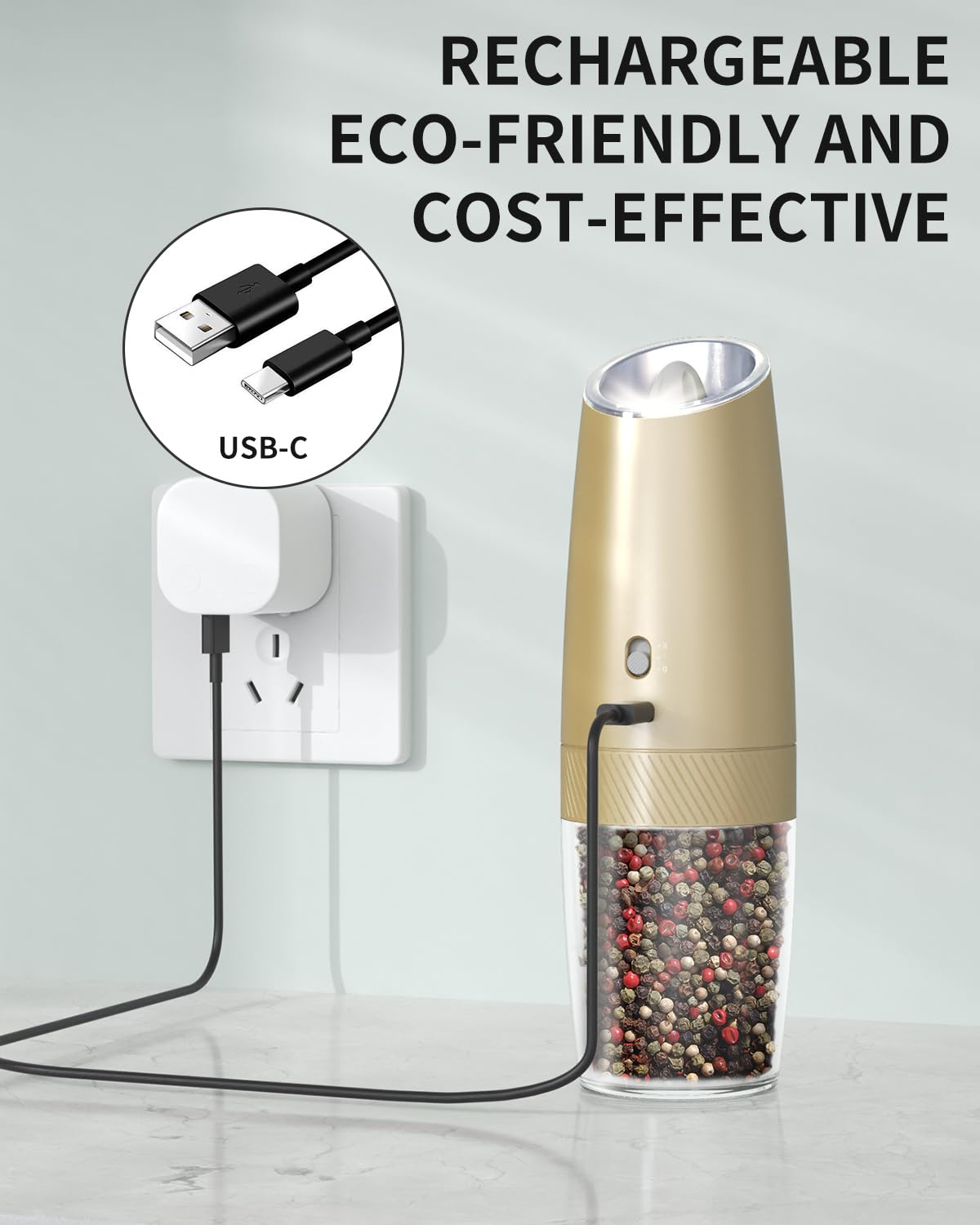 CIRCLE JOY 2-Speed Gravity Electric Pepper Grinder, Rechargeable Salt Grinder Pepper Mills, Adjustable Coarseness, White LED Light, 135ML Large Capacity, Gold
