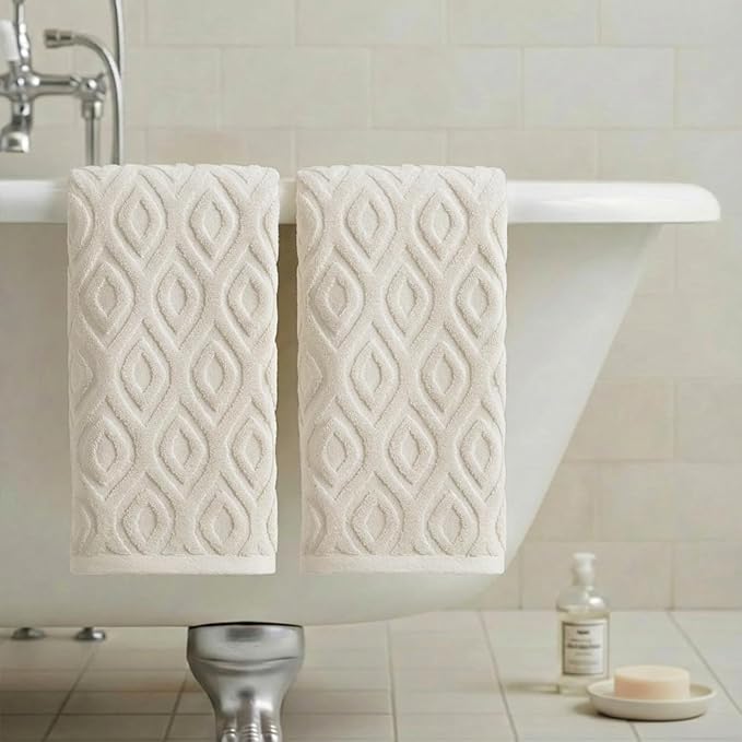 Artoid Mode 2 Pcs Beige 3D Diamond Grid Jacquard Hand Towels