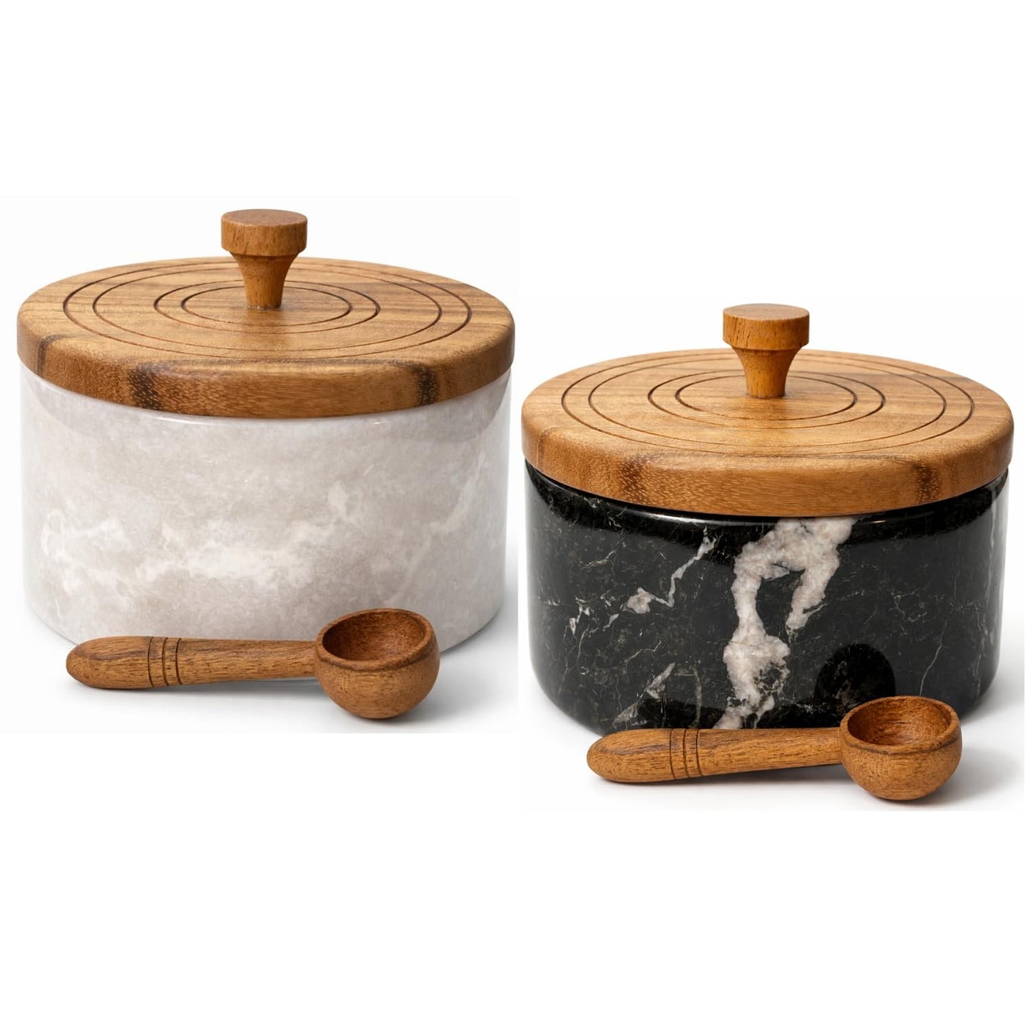 Marble salt and pepper containers with spoon, salt cellars with lid and spoons, salt and pepper holders, salt and pepper cellars, marble salt and pepper bowls with wooden lid - White/Black