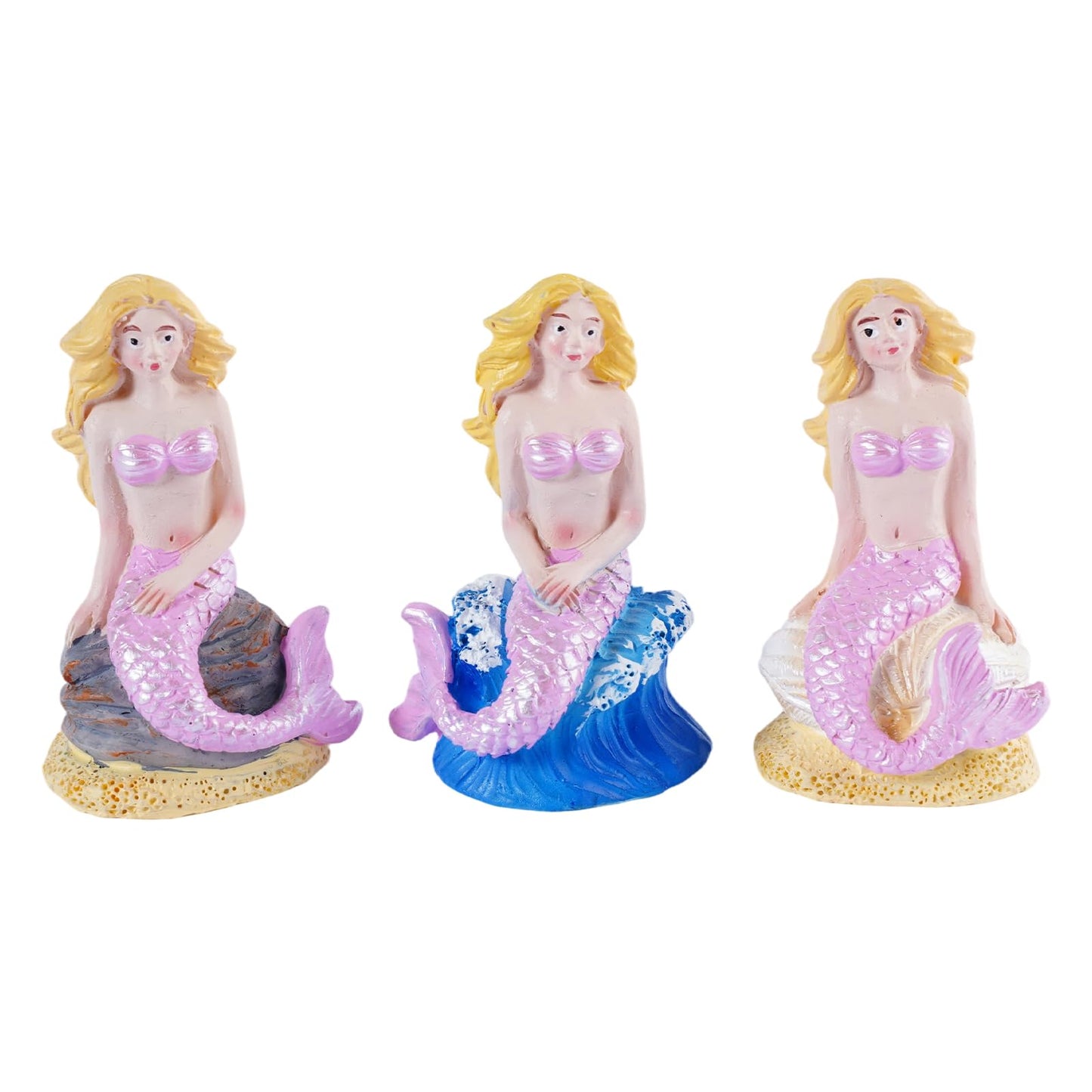 Brizoria Mermaid Decor Set of 3 Mermaid Figurines Sitting Resin Mermaid Statue Pink Tail Blonde Hair Coastal Beach Tabletop Aquarium Fish Tank Home Bathroom Decoration