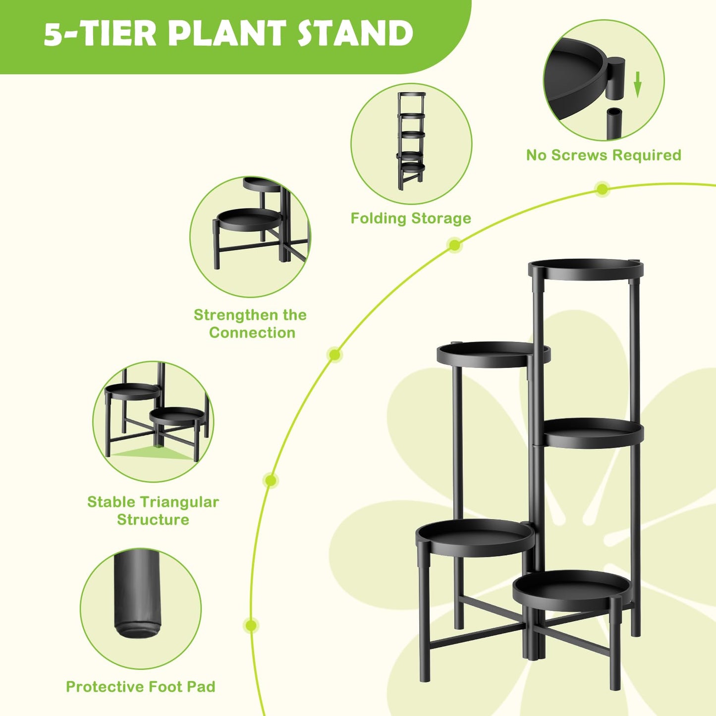 SparkByLiye 5 Tier Heavy Duty Metal Plant Stand for Indoor & Outdoor Use, Foldable Tall Corner Plant Shelf, Black Flower Pot Holder & Display Rack for Living Room, Balcony, Garden, & Patio