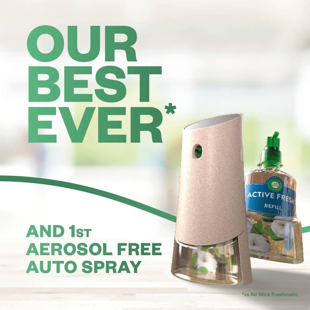 Air Wick Aerosol-Free Automatic Air Freshener Spray Kit, Fresh Cotton, 1 Gadget & 1 Refill (228ml), 24x7 Active Fresh Odour Neutraliser, Lasts Up to 70 Days, Air freshener for Home
