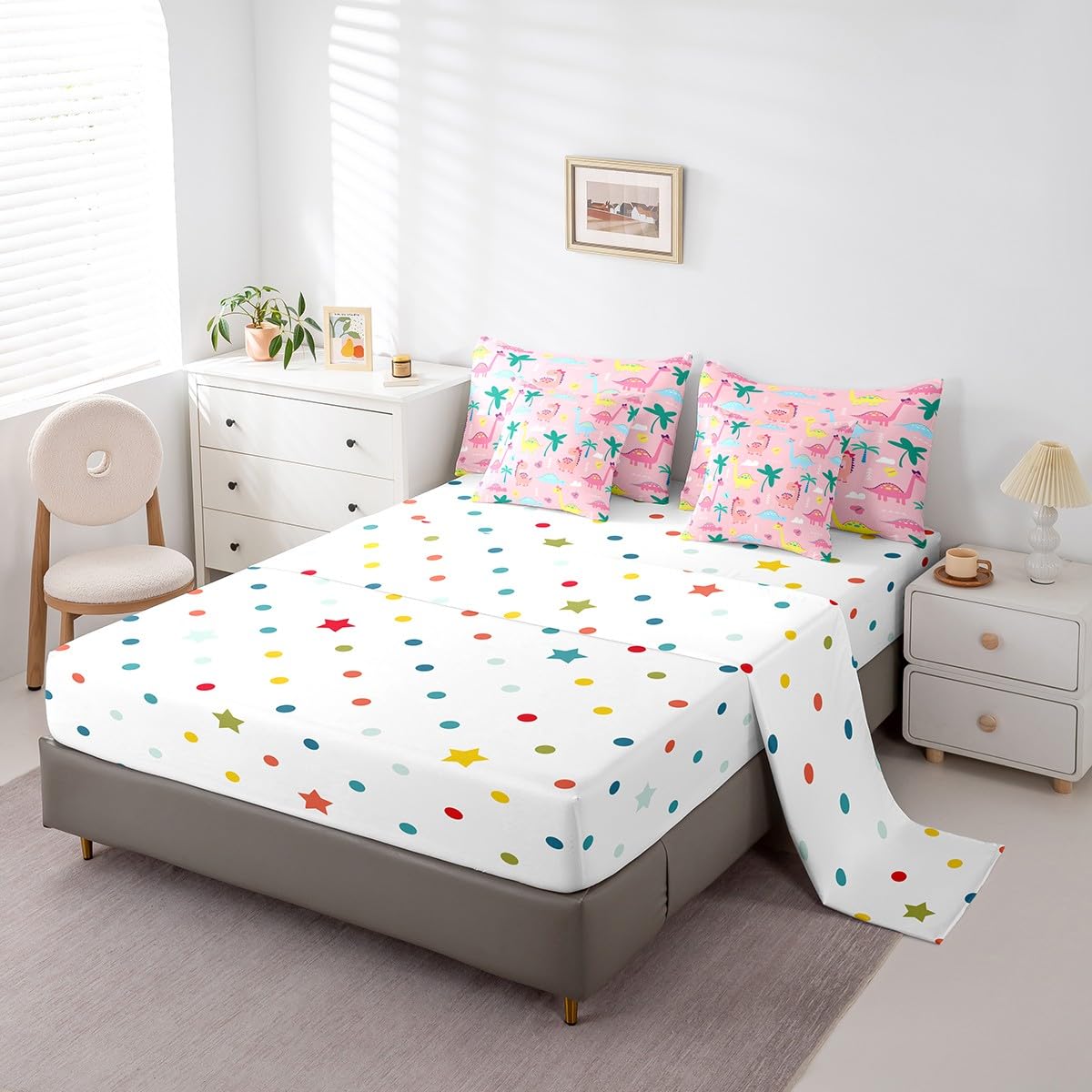 Erosebridal Pink Dinosaur Twin Size Comforter Set with Sheets | Kawaii Palm Leaves Botanical Eucalyptus 7-Piece Bedding Set Jungle Safari Cute Animals Bed in a Bag Colorful Butterfly Bed Quilt Sets