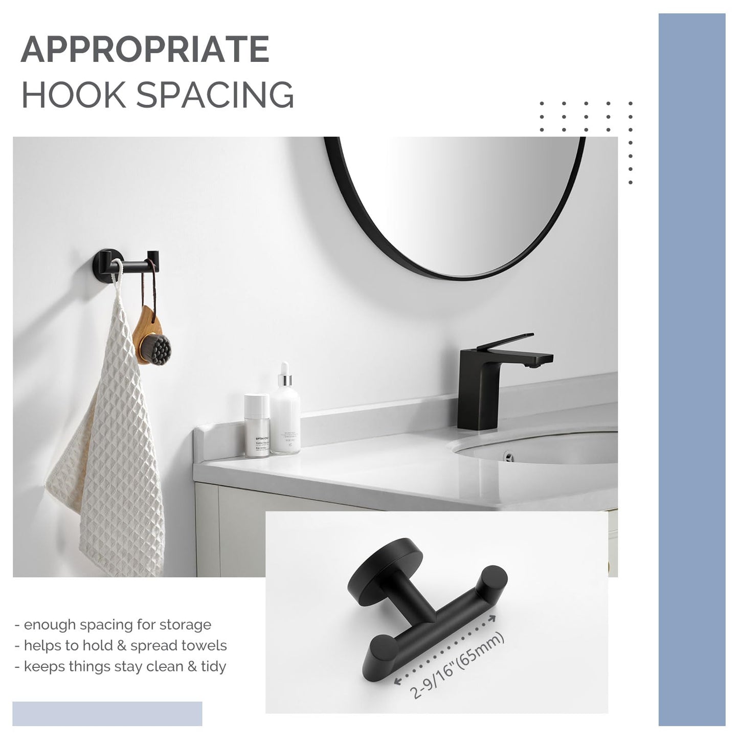 Angle Simple Double Towel Hook, SUS304 Stainless Steel Bathroom Hand Towel Holder, Coat Hook for Wall, Matte Black