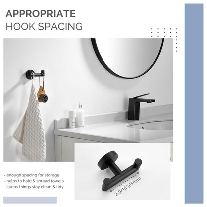 Angle Simple Double Towel Hook, SUS304 Stainless Steel Bathroom Hand Towel Holder, Coat Hook for Wall, Matte Black