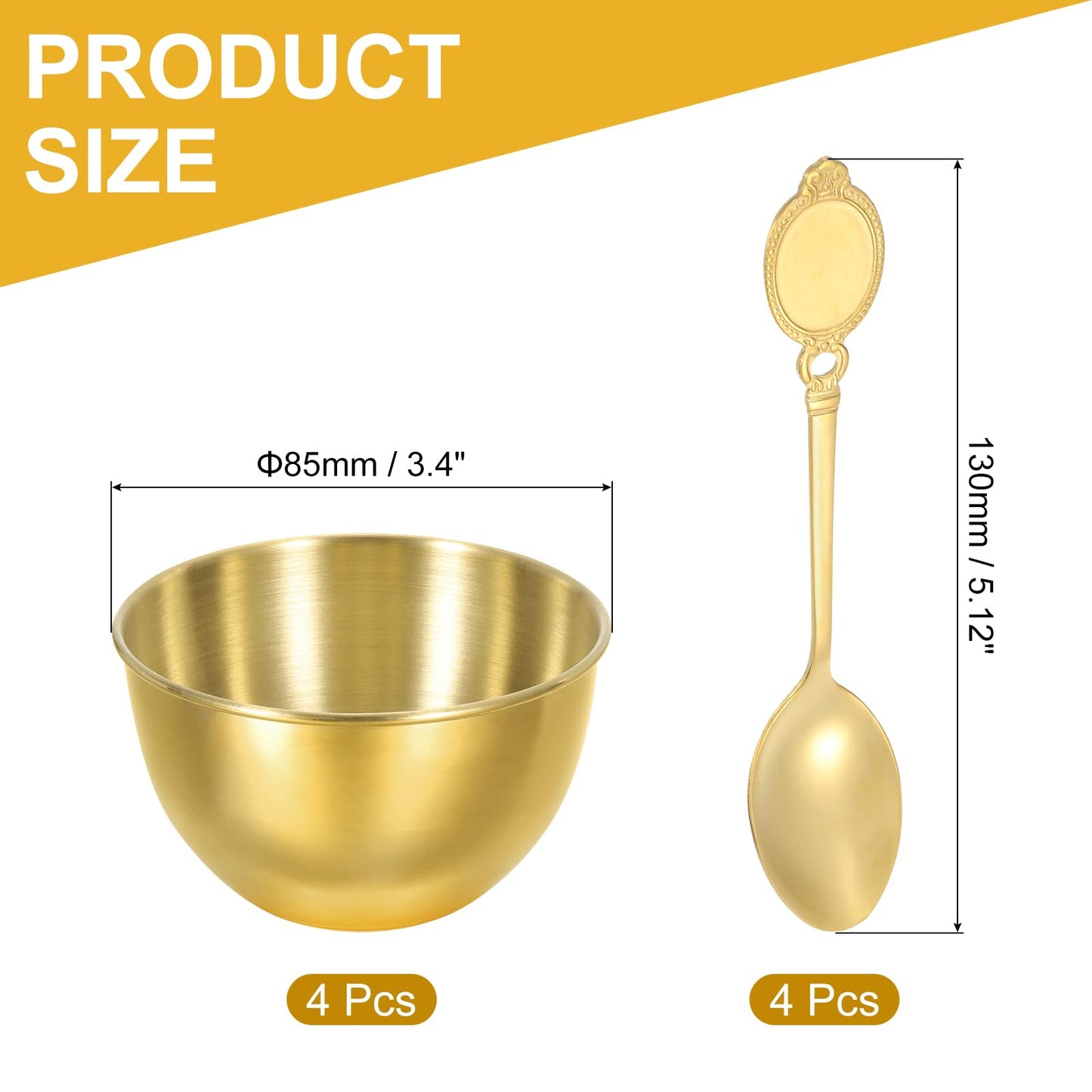 uxcell 4 Pcs 3.4 Inch Stainless Steel Sauce Dishes Kit, Seasoning Dishes and Spoons, Condiment Sauce Cups, Sushi Dipping Bowl Mixing Saucers Appetizer Bowls for Side Dish, Gold
