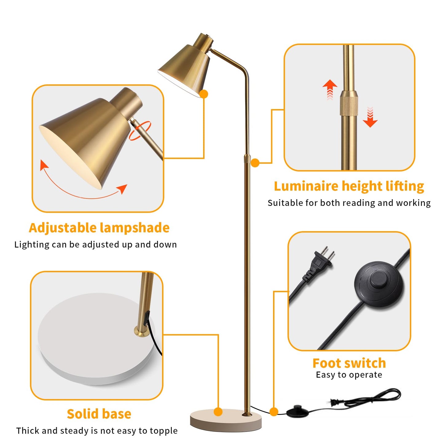 High-end Gold Brass Floor Lamp Bright 12W LED Light, Adjustable in Three Colors and Height, Electroplated Iron Lamp Post,Exquisite Craftsmanship,Standing Lamp for Living Room Bedroom Office Reading