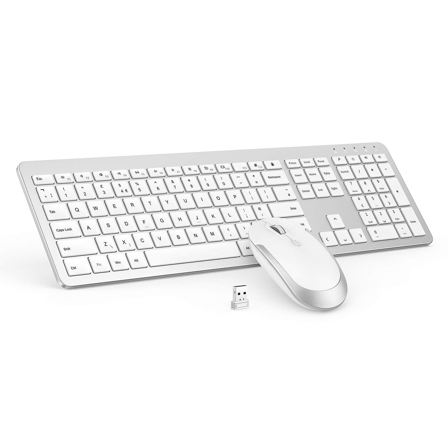 seenda Wireless Keyboard and Mouse Set, SK38 Ultra Slim Quiet USB Wireless Keyboard and Mouse Full Size QWERTY UK Layout with Numeric Keypad for Windows PC, Laptop, Computer, White and Silver