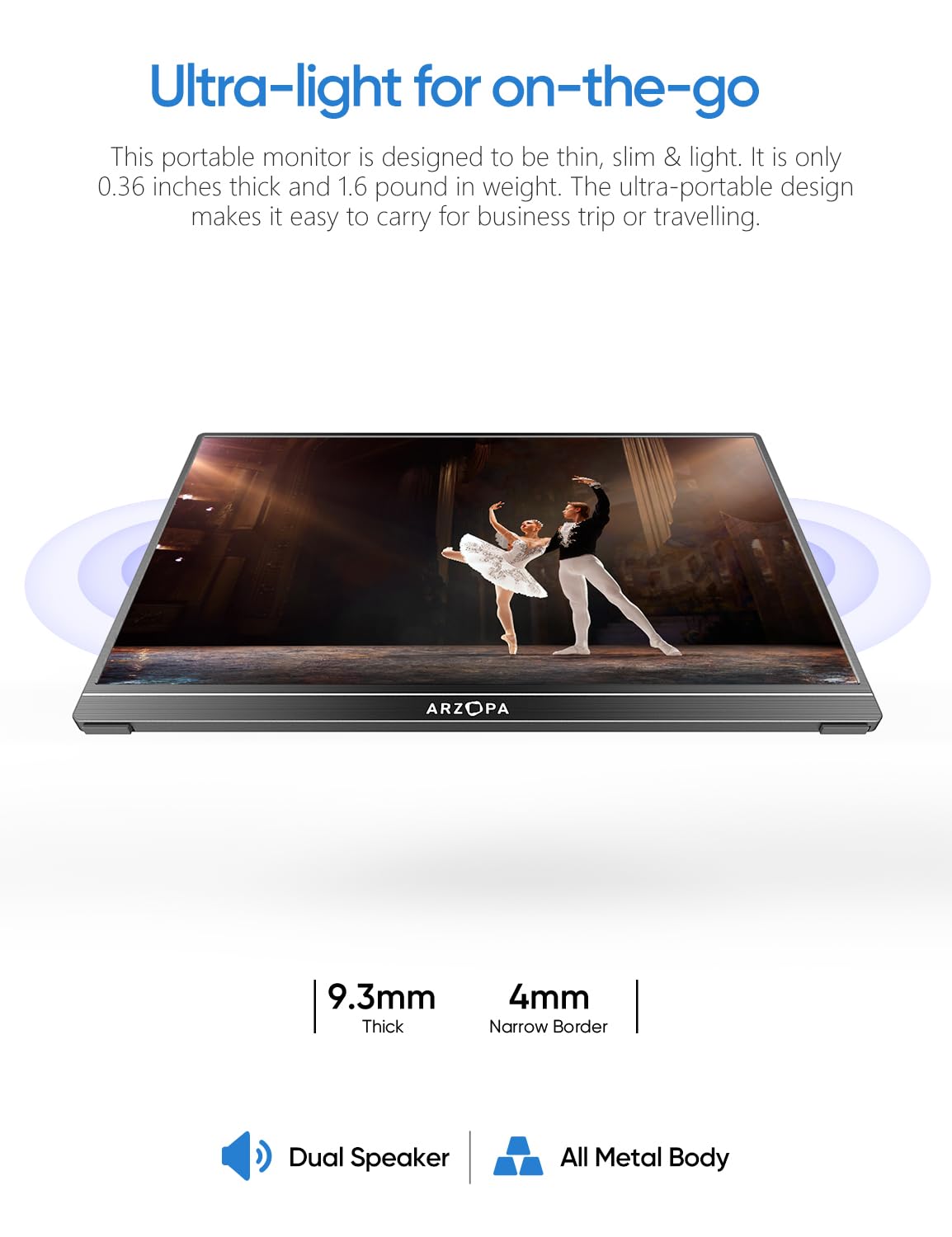 ARZOPA Portable Monitor, 15.6" 1920×1080 FHD IPS Portable Monitor for Laptop with Kickstand, Ultra-Slim Second Screen for Laptop/PC/Mac/PS3/4/5/Xbox - USB C & HDMI Connectivity - A1