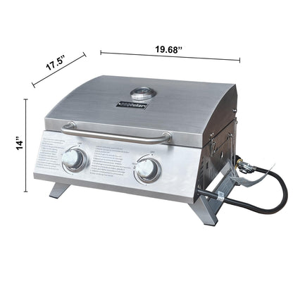BBQCuker Small Tabletop Gas Grill 2-Burner, Portable Propane Gas Grill with Foldable Legs for Outdoor Camping Cooking Two 10,000 BTU Burners Stainless Steel,Built-in Thermometer