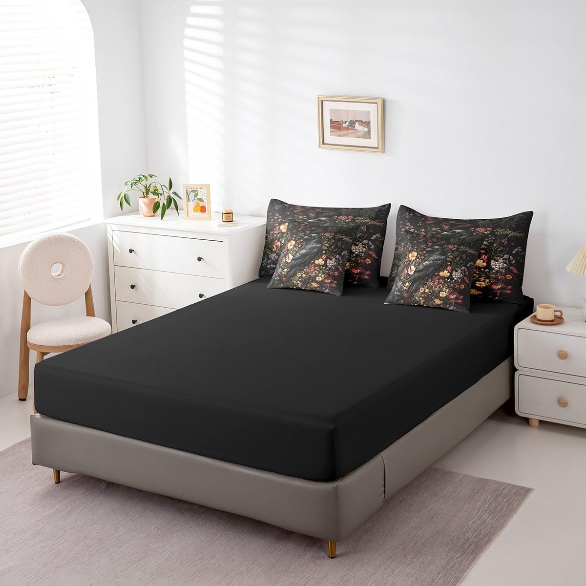 Erosebridal Crow Comforter Set King Size,Gothic Themed Animal Bedding Set for Kids Teens,Groovy Flower (Comforter+Fitted+Flat Sheet+2 Pillowcases+2 Throw Pillow Covers) 7 Pieces Bed Set