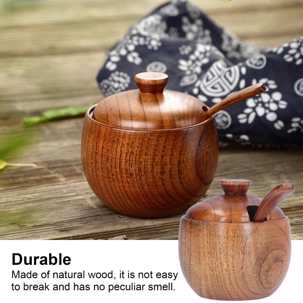 Anu Limen Wooden Sugar Bowl with Lid and Spoon - Spice Jar for Kitchen Pantry, Salt and Peppers Container, Rustic Brown Condiment Dispenser 3.5x3.3 in