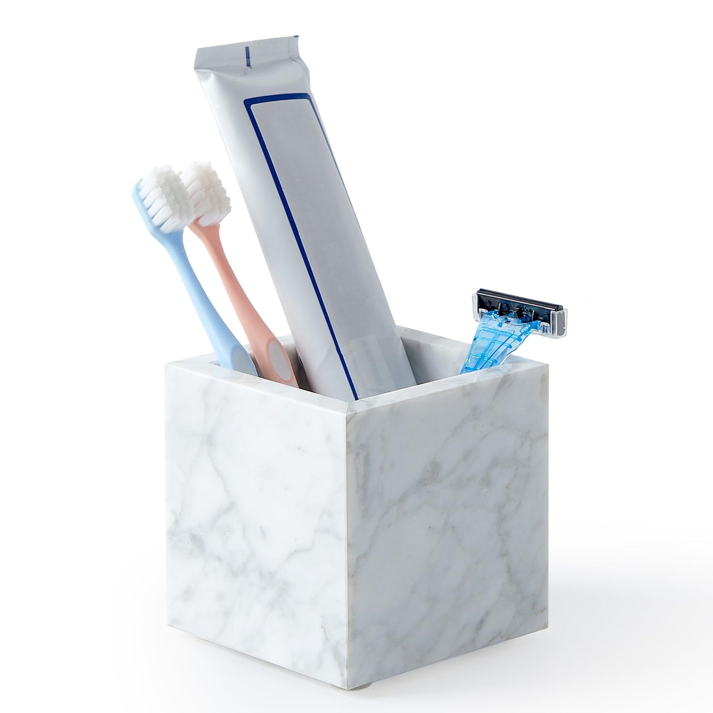 Real Luxurious Natural Marble Toothbrush Holder & Makeup Brush Organizer & Pen Holder for Desk,3.93inch Square Marble Utensil Holder Non-Ceramic/Non-Resin （White）